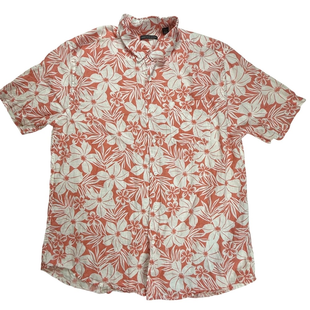 Saks Fifth Avenue Mens XL Linen Blend Tropical Floral Short Sleeve Button Shirt